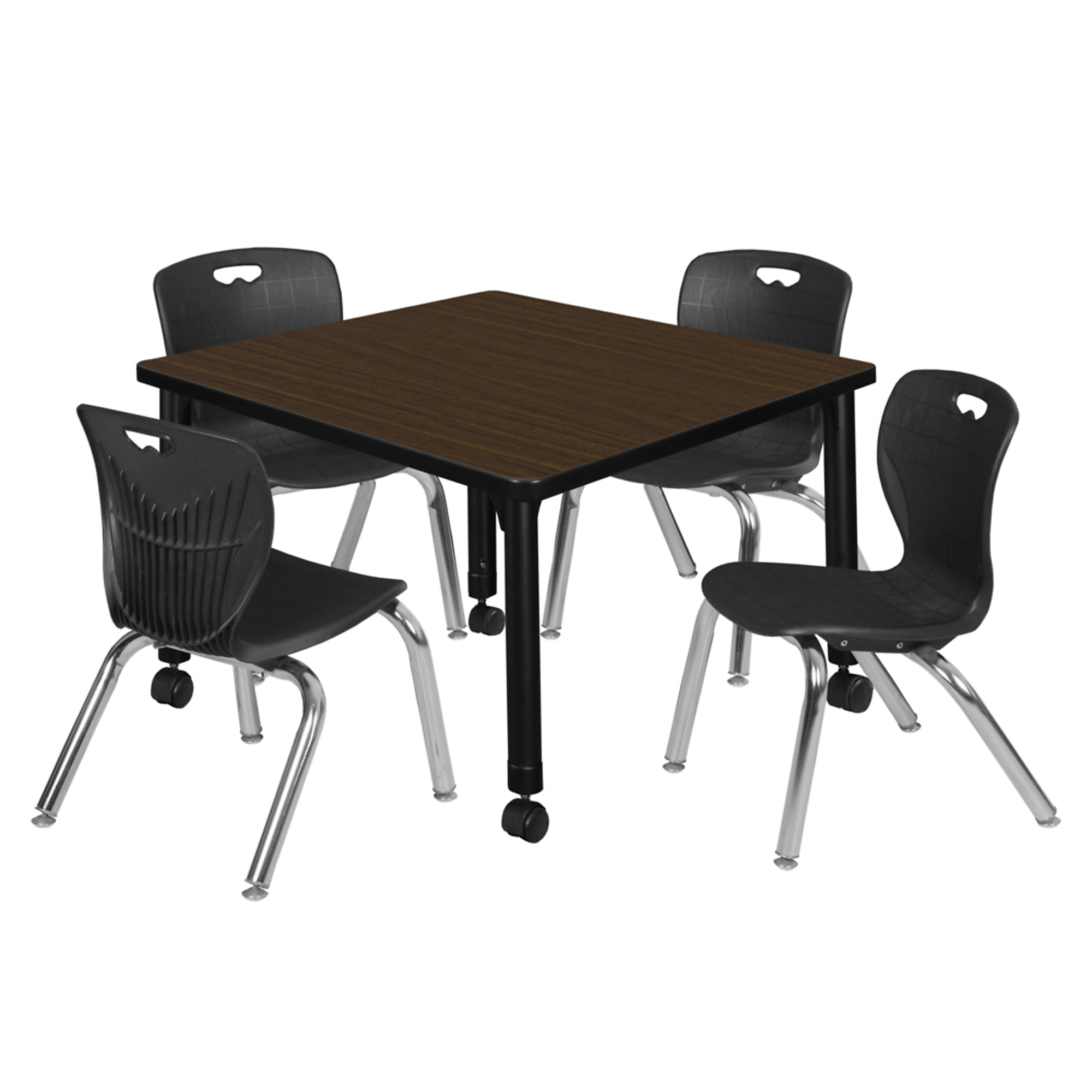 Regency Kee Adjustable Mobile Classroom Table Set — 30in. Square, Neo Walnut/Black, Includes 4 Andy 12in. Black Stack Chairs, Model# TB3030NWAPCBK45BK